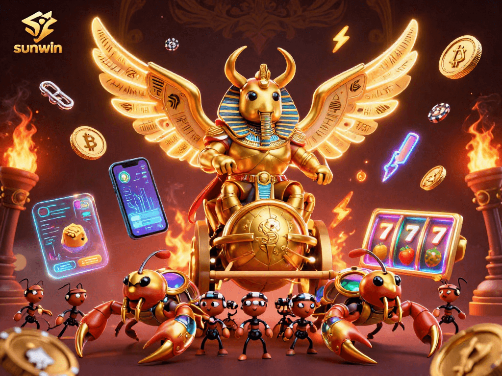 Engage with the sunwin experience featuring a golden scarab beetle amidst vibrant slot reels and crypto elements.