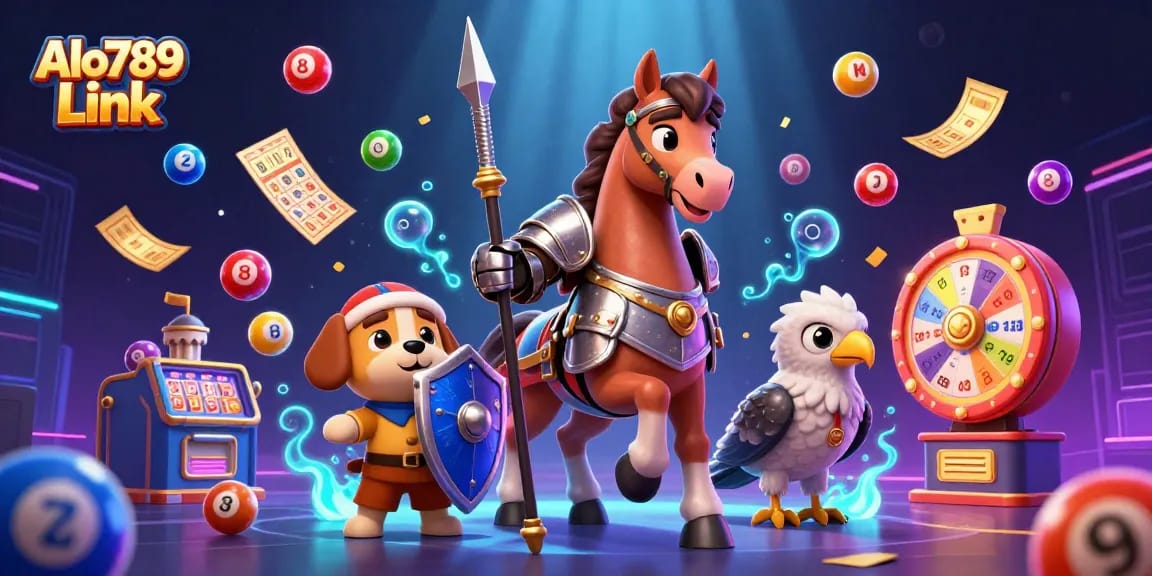 Alo789 Link showcases an exciting illustration with casino characters and vibrant elements surrounding them dynamically.
