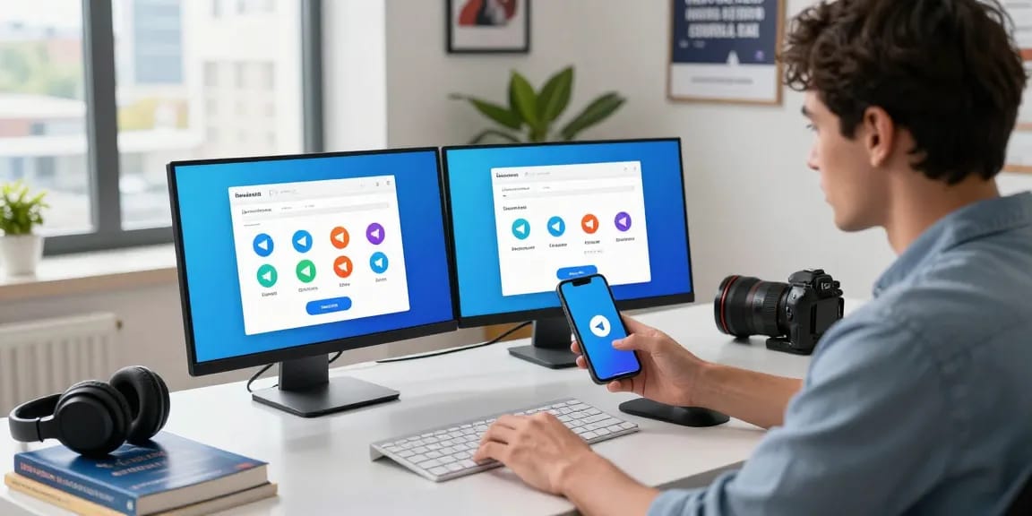 Discover how to Download Telegram in a modern tech workspace setting, showcasing installation on various devices.