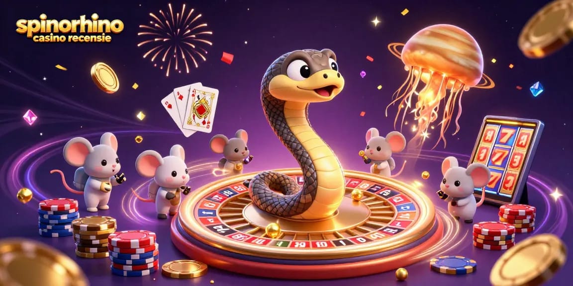 SpinoRhino casino recensie met een kleurrijke 3D illustratie van een roulettewiel en speelse astronaut muizen die inzetten.