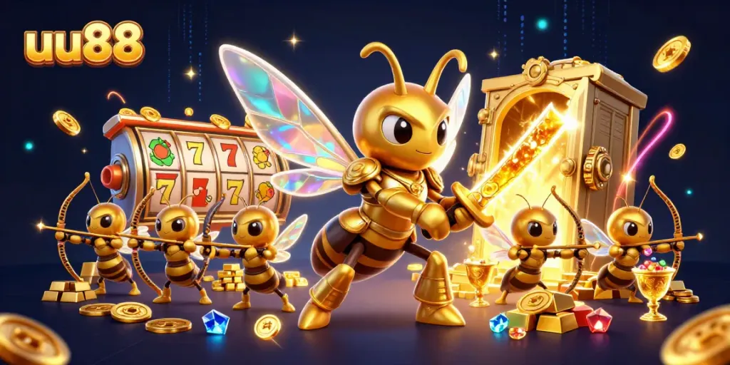 Experience thrilling slots action with uu88's golden hornet samurai illustration.