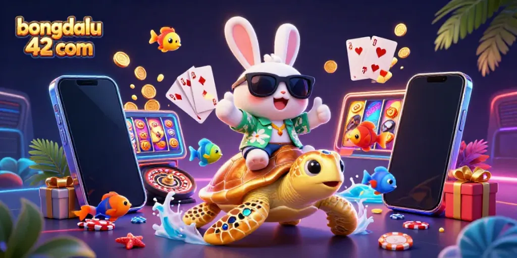 Experience thrilling action with bongdalu 42 com as a lucky rabbit rides a golden turtle in a vibrant casino scene.