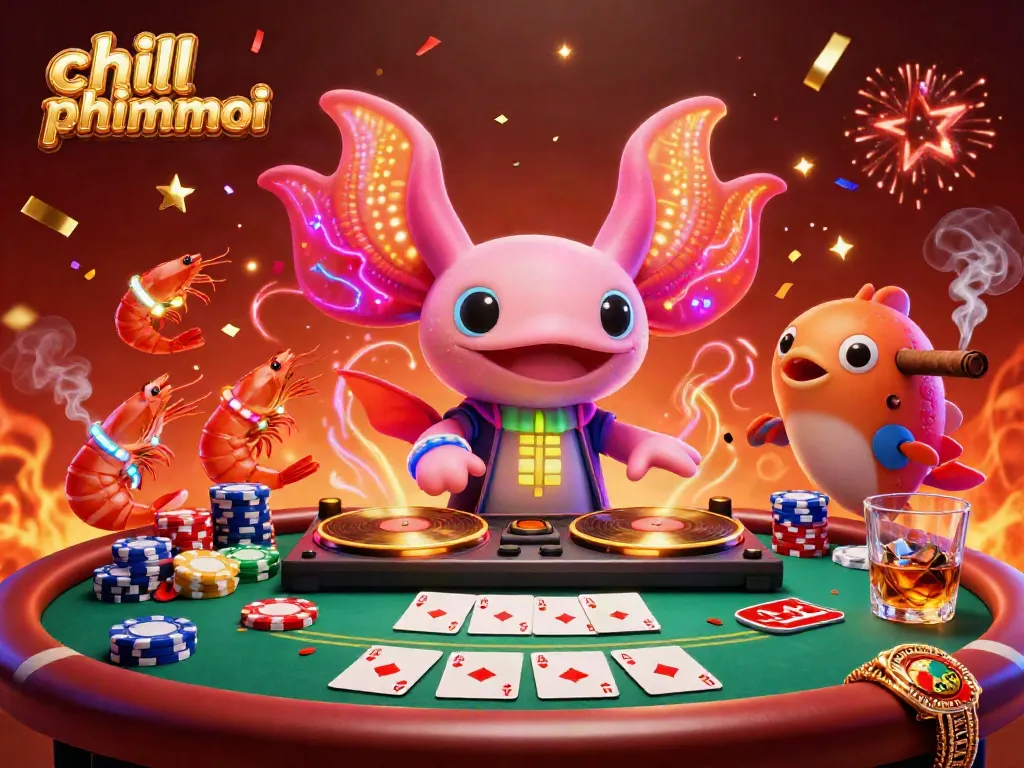 Engage in the chill phimmoi experience with a neon-colored axolotl DJ spinning records amidst a lively casino scene.