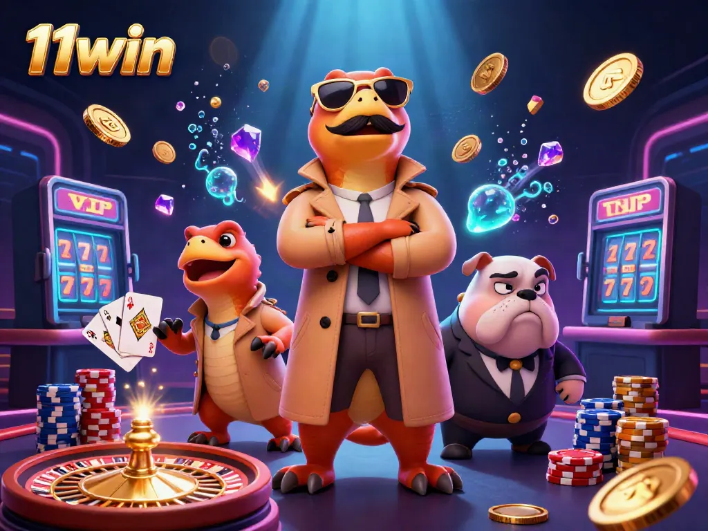 Engage with the fun of 11win featuring playful raptors in a casino scene, highlighting vibrant gambling elements.