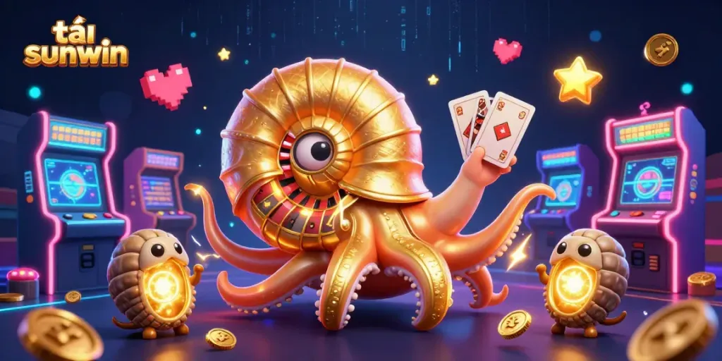 Engage with the vibrant scene of tải sunwin featuring a giant nautilus roulette wheel with colorful game elements.