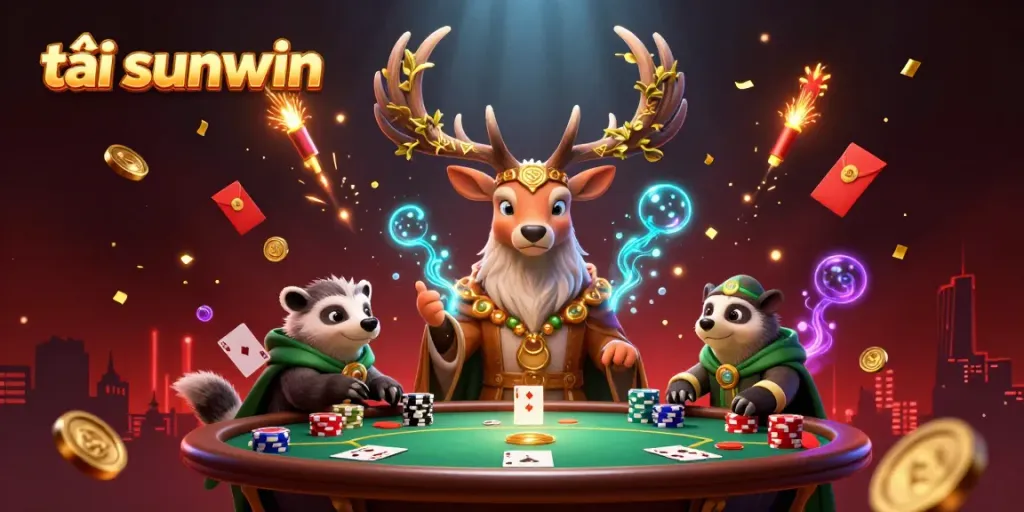 Experience the excitement of tải sunwin with this vibrant 3D casino scene featuring poker tables, festive elements, and magical characters.
