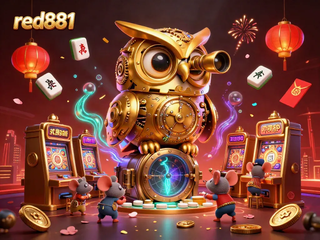 Engage with red881's dynamic 3D casino scene featuring a golden owl and animated mice navigating vibrant slot machines.