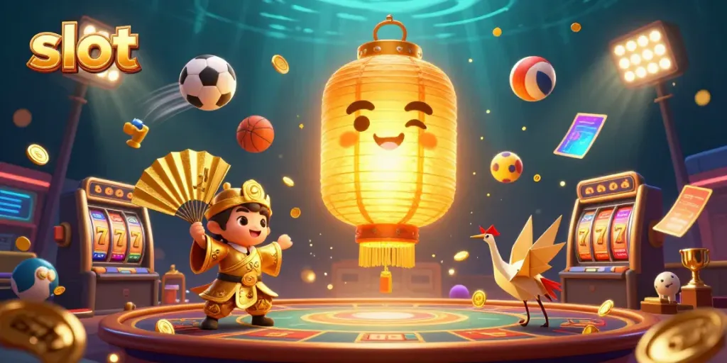 Experience the thrill of slot games with a glowing lantern spirit and immersive casino elements.
