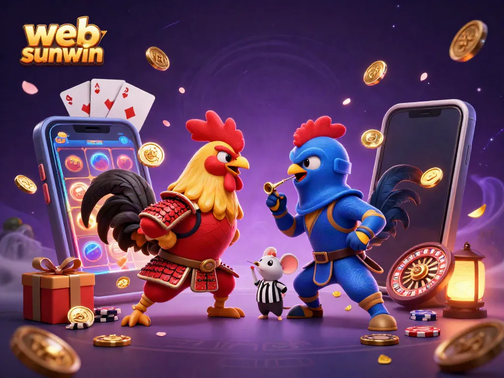 Witness a thrilling standoff between web sunwin's fierce roosters, amidst dynamic casino game elements.
