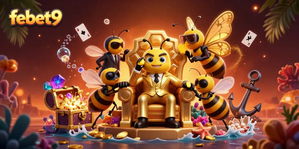 Experience thrilling wins at febet9 with a vibrant, colorful casino scene featuring dynamic characters and animated game elements.