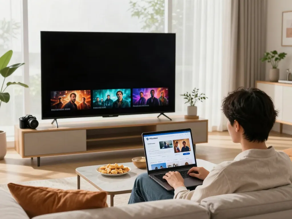 Pikashow for windows desktop streaming in a cozy living room with a laptop.