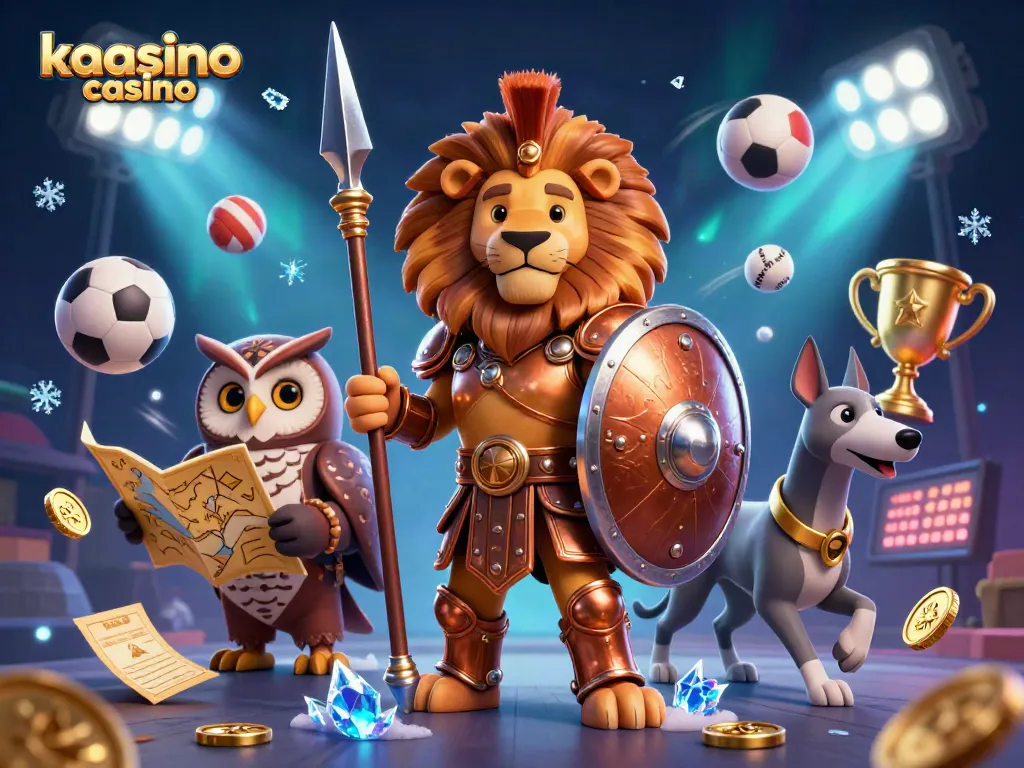 Kaasino casino showcases a vibrant scene with heroic characters and dynamic sports elements illuminating the casino experience.