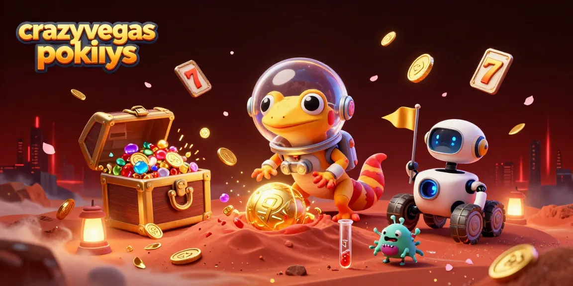 Catching crazyvegas pokies in a vibrant 3D casino scene with floating slots and a Martian gecko.