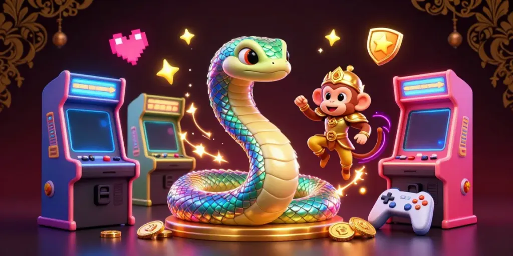 Engage at 11win with a colorful 3D gaming scene showcasing a rainbow serpent and monkey king.