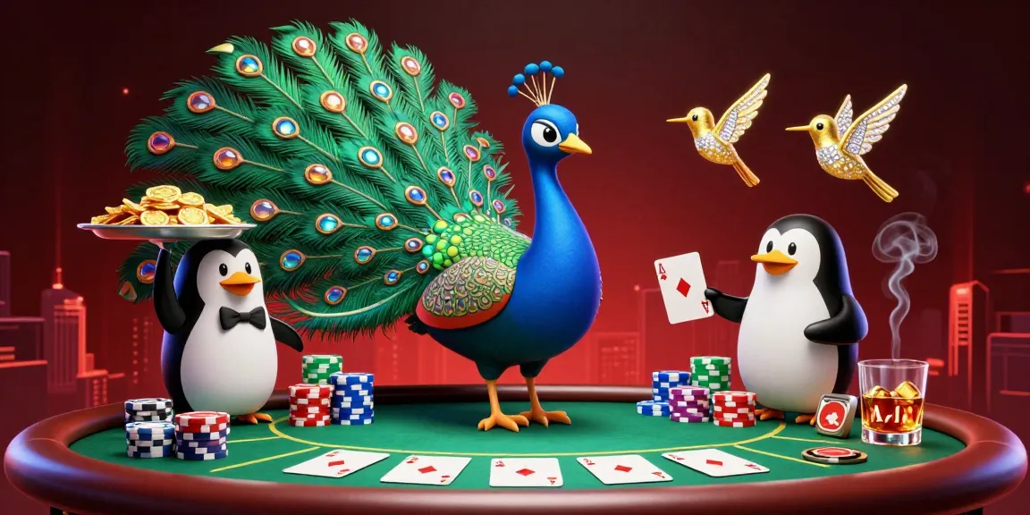Experience thrilling gameplay at lolajack casino with a dazzling peacock and penguin amid colorful poker chips.