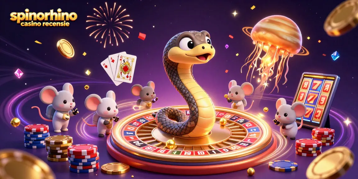 SpinoRhino casino recensie met een kleurrijke 3D illustratie van een roulettewiel en speelse astronaut muizen die inzetten.