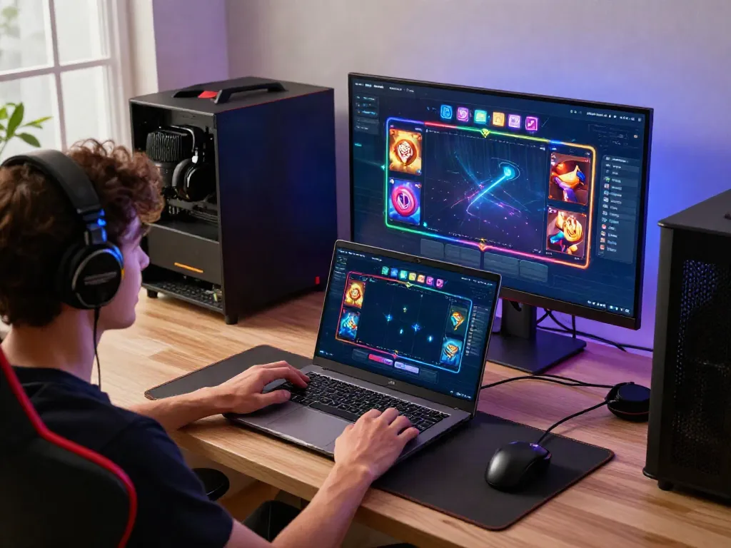 Player enjoying a da88 slot game on a colorful laptop in a stylish gaming setup.
