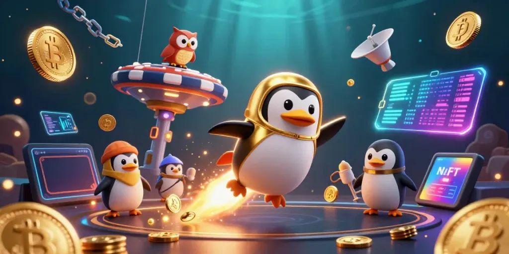 Experience the thrill of manclub gaming with a golden penguin soaring towards a casino in space.