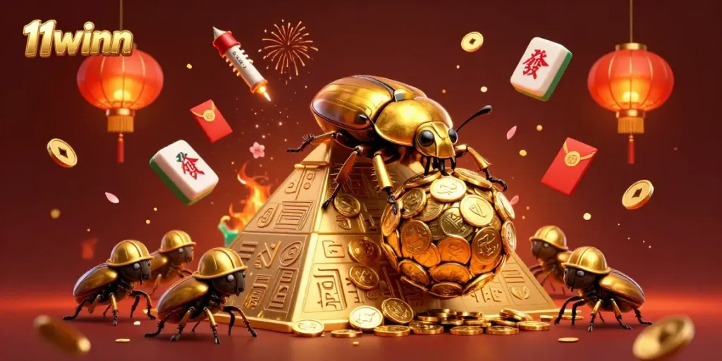 Experience thrilling casino action at 11winn with vibrant colorful illustration of golden beetles in action.