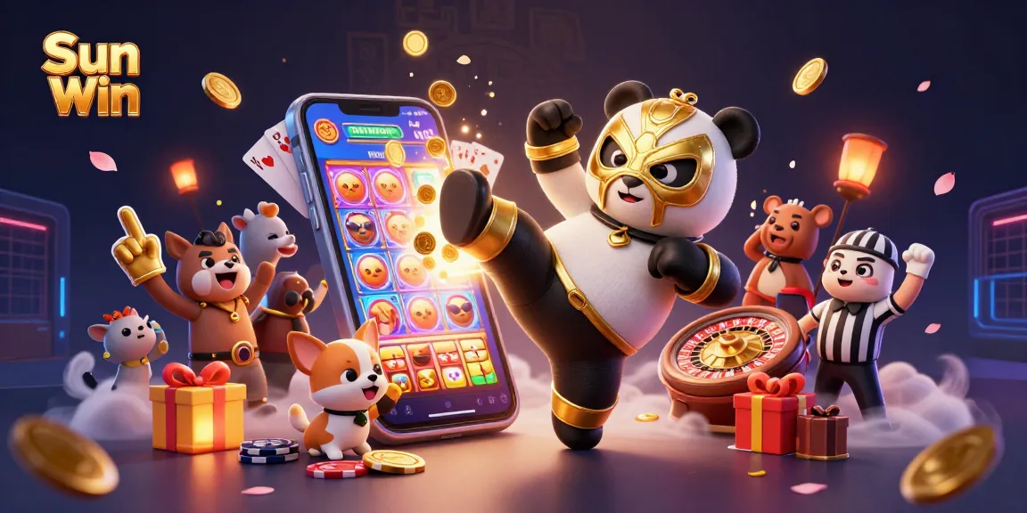 Thrilling Sun Win scene with a panda wrestler performing a flying kick amid a vibrant casino setting.