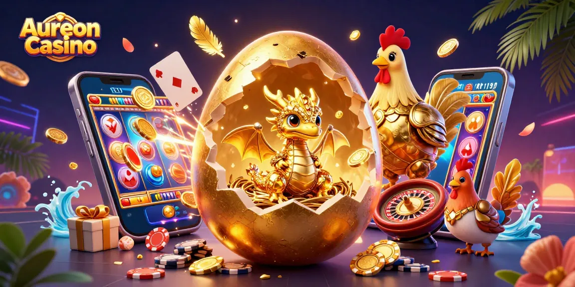 Experience the thrill at Aureon Casino with a dynamic scene featuring a golden dragon and gameplay elements.