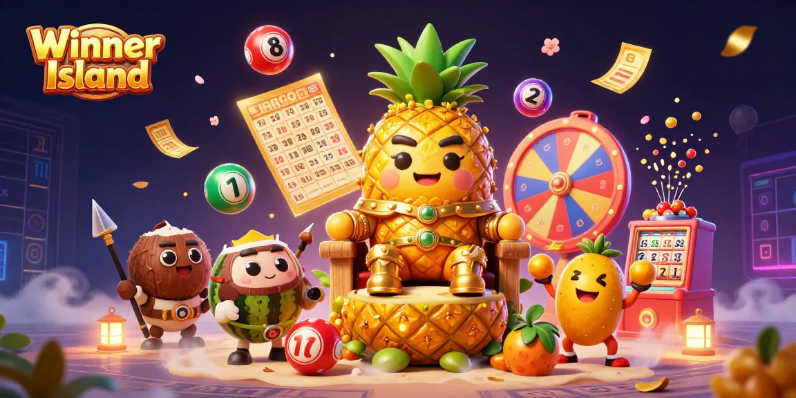 Engage with Winner Island's vibrant casino scene featuring a golden pineapple king amidst lottery elements.